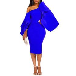 VERWIN Bodycon Kleid für Damen Langarm Knielang Rüschenärmel Schulterfrei Abendkleid, blau, X-Large von VERWIN
