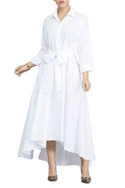 VERWIN Damen-Maxikleid, langaermelig, locker, elegant, Knopfleiste, Hemd, langes Kleid mit Taschen und Guertel Weiss XL von VERWIN