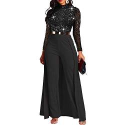 VERWIN Damen-Overall, Patchwork-Overlay, Pailletten, verziert, hohe Taille, Langarm, Schwarz, XX-Large von VERWIN