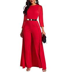 VERWIN Damen-Overall, Patchwork-Overlay, verziert, einfarbig, hohe Taille, Rot mit langen Ärmeln, XXL von VERWIN