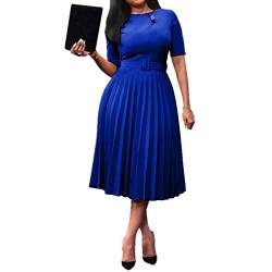 VERWIN Kurzarm-Maxikleid für Fraün mit rundem Hals, Plissee-Kleid mit glattem Gürtel (Large, Blau) von VERWIN