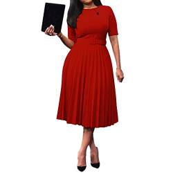 VERWIN Kurzarm-Maxikleid für Fraün mit rundem Hals, Plissee-Kleid mit glattem Gürtel (X-Large, Rot) von VERWIN