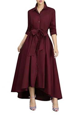 VERWIN Langärmeliges Damen-Maxikleid, locker, elegant, Knopfleiste, Hemd, langes Kleid mit Taschen und Gürteln, rot, XL von VERWIN