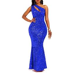 VERWIN Pailletten Mode ärmellose schräge Kragen Meerjungfrau Frauen Maxikleid Bodycon Kleid Partykleid, Blau, Groß von VERWIN