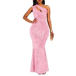 VERWIN Pailletten Mode ärmellose schräge Kragen Meerjungfrau Frauen Maxikleid Bodycon Kleid Partykleid, Pink, Mittel von VERWIN