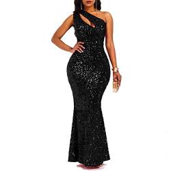 VERWIN Pailletten Mode ärmellose schräge Kragen Meerjungfrau Frauen Maxikleid Bodycon Kleid Partykleid, Schwarz , L von VERWIN