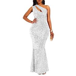 VERWIN Pailletten Mode ärmellose schräge Kragen Meerjungfrau Frauen Maxikleid Bodycon Kleid Partykleid, Weiss/opulenter Garten, Mittel von VERWIN