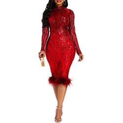 VERWIN Pailletten Patchwork Bodycon Kleid Damen Langarm Kleid Elegant Kleid Plume Maxikleid Partykleid, Rot/Ausflug, einfarbig (Getaway Solids), X-Groß von VERWIN