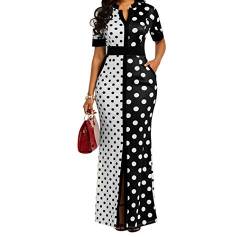 VERWIN Polka Dot Print Pocket Kurzarm Bodycon Kleid Damen Slit Maxi Kleid L von VERWIN