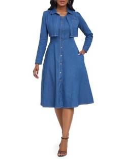 VERWIN Zweiteiliges Denim-Kleid mit Jacken, Midi-Kleid, Button-Down-Party, langärmelig, Hemdkleid, Outfits, Blau, Groß von VERWIN
