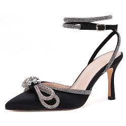 VETASTE Damen Doppelschleife Spitze Zehen Knöchelriemen Kristall Pumps Hochzeit Braut Party Stilettos Rückenfrei Satin Heeled Sandalen, Schwarz, 35.5 EU von VETASTE