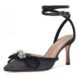 VETASTE Damen Doppelschleife Spitze Zehen Knöchelriemen Kristall Pumps Hochzeit Braut Party Stilettos Rückenfrei Satin Heeled Sandalen, schwarz - cool black, 37.5 EU von VETASTE