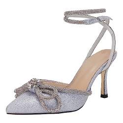 VETASTE Damen-Sandalen mit doppelter Schleife, spitz, Knöchelriemen, Kristall-Pumps, Hochzeit, Brautparty, Stilettos, rückenfrei, Satin mit Absatz, silber, 41 EU von VETASTE