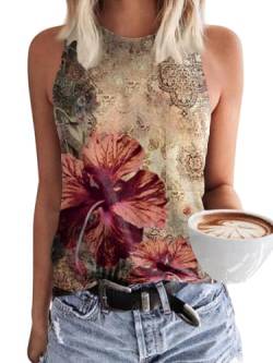 VEUNCOS Blumenmuster Boho Tank Tops Damen Bequem Lässige Ärmellose Cami T-Shirts Damen Kleidung Trend Beige Blume XL von VEUNCOS
