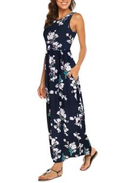 VEUNCOS Boho Kleid Damen Blumen Lang Maxikleid mit Tasche Lässige Ärmellose Strand Kleid F11 M von VEUNCOS