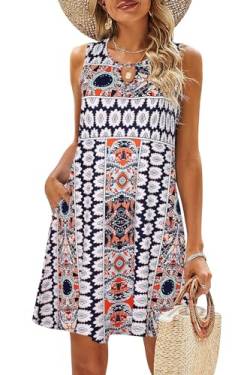 VEUNCOS Boho Kleid für Frauen Sommer Kurze Blumenkleider für Karibik Urlaub,Marineblauer L von VEUNCOS