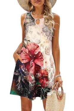 VEUNCOS Boho Kleid Damen Sommer Ärmelloses Strandkleid Blumen Lässige T Shirt Tunika Kleid mit Taschen,Beige Blume XL von VEUNCOS