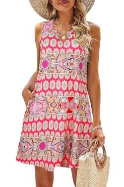 VEUNCOS Sommerkleid für Damen Casual Boho Blumen Hawaii Urlaub Kleid,Rosa XL von VEUNCOS