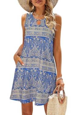 VEUNCOS Sommerkleider für Damen 2024 Urlaub Oberhalb des Knies Strand Boho Kleid,Blau Bedruckt XL von VEUNCOS