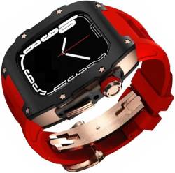 VEVEL Uhrengehäuse aus Edelstahl, fluoriertes Gummiband, für Apple Watch Serie 8, 7, 6, 5, 4, SE, 44 mm, 45 mm, Ersatzzubehör, für Damen und Herren im RM-Stil, 44MM, Achat von VEVEL