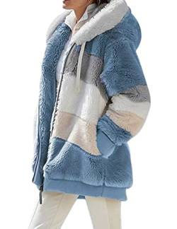 VEVESMUNDO Damen Fleecejacke Plüschjacke Kunstpelzjacke Kapuzenjacke Strickjacke Faux Fur Pelzmantel Reißverschluss Teddy Fleece Mantel mit kapuze (Blau, 5XL) von VEVESMUNDO