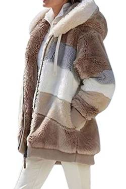 VEVESMUNDO Damen Fleecejacke Plüschjacke Kunstpelzjacke Kapuzenjacke Strickjacke Faux Fur Pelzmantel Reißverschluss Teddy Fleece Mantel mit kapuze (Khaki, 7XL) von VEVESMUNDO