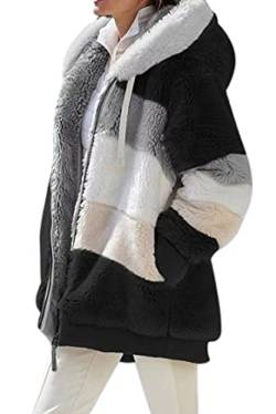 VEVESMUNDO Damen Fleecejacke Plüschjacke Kunstpelzjacke Kapuzenjacke Strickjacke Faux Fur Pelzmantel Reißverschluss Teddy Fleece Mantel mit kapuze (Schwarz, 2XL) von VEVESMUNDO