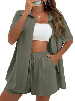 VEVESMUNDO Damen Sommer Kurzarm Musselin Bluse Hemd Und Shorts Zweiteiler Kurz Set Baumwolle Strand Outfit Set Gr.36 38 40 42(Armee grün,S) von VEVESMUNDO