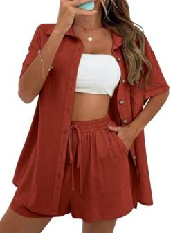 VEVESMUNDO Damen Sommer Kurzarm Musselin Bluse Hemd Und Shorts Zweiteiler Kurz Set Baumwolle Strand Outfit Set Gr.36 38 40 42(Dunkel Orange,S) von VEVESMUNDO