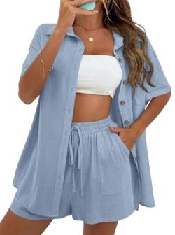 VEVESMUNDO Damen Sommer Kurzarm Musselin Bluse Hemd Und Shorts Zweiteiler Kurz Set Baumwolle Strand Outfit Set Gr.36 38 40 42(Hellblau,XL) von VEVESMUNDO