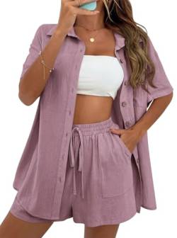 VEVESMUNDO Damen Sommer Kurzarm Musselin Bluse Hemd Und Shorts Zweiteiler Kurz Set Baumwolle Strand Outfit Set Gr.36 38 40 42(Rosa,S) von VEVESMUNDO