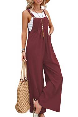 VEVESMUNDO Damen Sommer Latzhose Baumwolle Baggy Jumpsuit Overall Lang Hosen Dungarees Ärmellos Trägerhose Playsuit mit Taschen 34 36 38 40 42 44 (Weinrot,L) von VEVESMUNDO