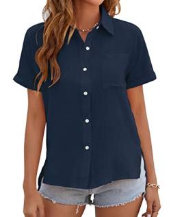 VEVESMUNDO Damen Sommer Leinen Bluse Hemd Baumwolle Kurzarm Lässige Hemdbluse Sommerblusen Oberteile Tops mit Knopfleiste Gr.36 38 40 42 44 (Dunkelblau,2XL) von VEVESMUNDO