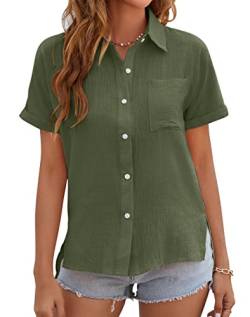 VEVESMUNDO Damen Sommer Leinen Bluse Hemd Baumwolle Kurzarm Lässige Hemdbluse Sommerblusen Oberteile Tops mit Knopfleiste Gr.36 38 40 42 44 (Grün,L) von VEVESMUNDO