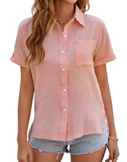 VEVESMUNDO Damen Sommer Leinen Bluse Hemd Baumwolle Kurzarm Lässige Hemdbluse Sommerblusen Oberteile Tops mit Knopfleiste Gr.36 38 40 42 44 (Rosa,L) von VEVESMUNDO