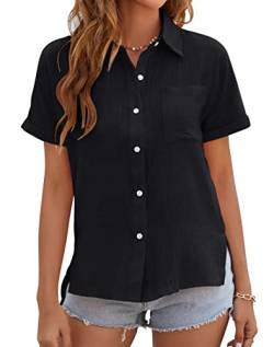 VEVESMUNDO Damen Sommer Leinen Bluse Hemd Baumwolle Kurzarm Lässige Hemdbluse Sommerblusen Oberteile Tops mit Knopfleiste Gr.36 38 40 42 44 (Schwarz,L) von VEVESMUNDO