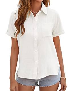 VEVESMUNDO Damen Sommer Leinen Bluse Hemd Baumwolle Kurzarm Lässige Hemdbluse Sommerblusen Oberteile Tops mit Knopfleiste Gr.36 38 40 42 44 (Weiß,2XL) von VEVESMUNDO