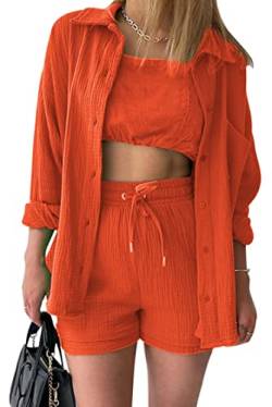 VEVESMUNDO Damen Sommer Musselin Bluse Hemd und Shorts Zweiteiler Set Baumwolle Strand Outfit Set Gr.36 38 40 42 44(Orange,S) von VEVESMUNDO