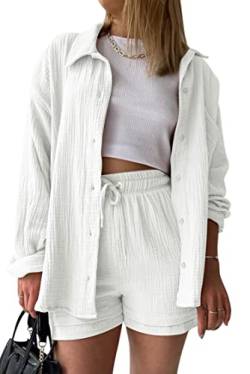 VEVESMUNDO Damen Sommer Musselin Bluse Hemd und Shorts Zweiteiler Set Baumwolle Strand Outfit Set Gr.36 38 40 42 44(Weiß,2XL) von VEVESMUNDO