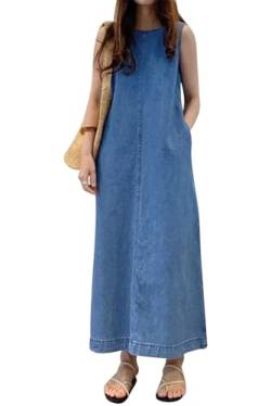 VEVESMUNDO Damen Sommerkleid Jeans Baumwolle Ärmelloses Casual Lässige Lang Kleider Strandkleid Blusenkleid Freizeitkleid mit Taschen Gr 34 36 38 40 42 44 46 48 (Blau,S) von VEVESMUNDO