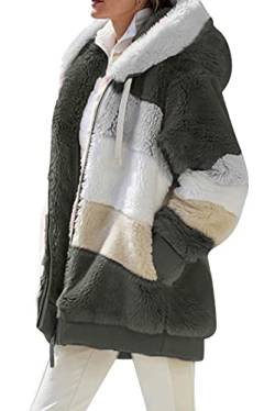 VEVESMUNDO Damen Teddy Fleecejacke Flauschjacke Plüschjacke Kunstpelzjacke Kapuzenjacke Strickjacke Faux Fur Pelzmantel Reißverschluss Fleece Mantel mit kapuze (Armeegrün, XL) von VEVESMUNDO