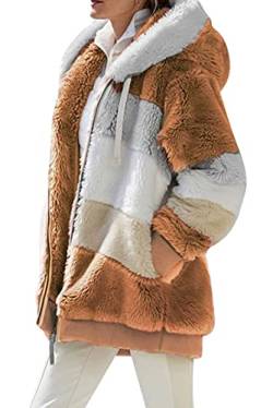 VEVESMUNDO Damen Teddy Fleecejacke Flauschjacke Plüschjacke Kunstpelzjacke Kapuzenjacke Strickjacke Faux Fur Pelzmantel Reißverschluss Fleece Mantel mit kapuze (Karamellfarbe, S) von VEVESMUNDO