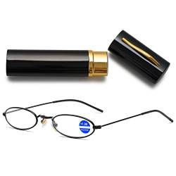 VEVESMUNDO Kleine Blaulichtfilter Lesebrille Damen Herren Metall Mini Schmal Kompakt Anti Blaulicht Lesehilfe Brille mit Metall Etui (1 Stück Schwarz Lesebrille, 2.5) von VEVESMUNDO