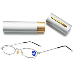 VEVESMUNDO Kleine Blaulichtfilter Lesebrille Damen Herren Metall Mini Schmal Kompakt Anti Blaulicht Lesehilfe Brille mit Metall Etui (1 Stück Silber Lesebrille, 2.0) von VEVESMUNDO