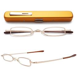 VEVESMUNDO Lesebrille Metall Klassische Scharnier Schmal Stil Brille Lesehilfe Vollrandbrille Mit Etui (1 Stück Gold Lesebrille,3.0) von VEVESMUNDO