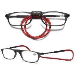 VEVESMUNDO Magnetische Lesebrillen um den Hals Klemmen Leicht Magnetverschluss Damen Herren Lesehilfe Brillen mit magnet (1 Stück Grau&Rot, 1.5) von VEVESMUNDO