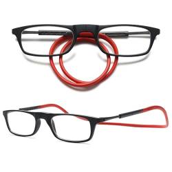 VEVESMUNDO Magnetische Lesebrillen um den Hals Klemmen Leicht Magnetverschluss Damen Herren Lesehilfe Brillen mit magnet (1 Stück Schwarz&Rot, 3.0) von VEVESMUNDO