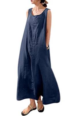 VEVESMUNDO Sommerkleid Damen Baumwolle Ärmelloses Casual Lockere Lässige Lang Kleider Strandkleid Leinenkleid Blusenkleid Freizeitkleid mit Taschen (Dunkelblau,3XL) von VEVESMUNDO