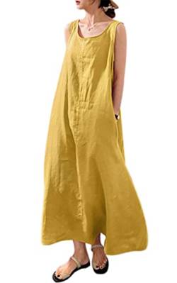 VEVESMUNDO Sommerkleid Damen Baumwolle Ärmelloses Casual Lockere Lässige Lang Kleider Strandkleid Leinenkleid Blusenkleid Freizeitkleid mit Taschen Gr 34 36 38 40 42 44 46 48 50 52(Gelb,3XL) von VEVESMUNDO