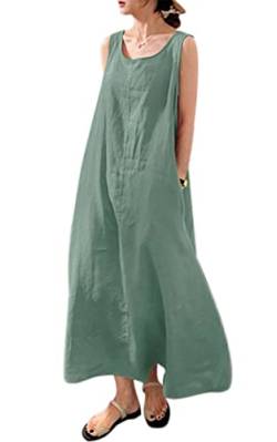 VEVESMUNDO Sommerkleid Damen Baumwolle Ärmelloses Casual Lockere Lässige Lang Kleider Strandkleid Leinenkleid Blusenkleid Freizeitkleid mit Taschen Gr 34 36 38 40 42 44 46 48 50 52(Grün,3XL) von VEVESMUNDO